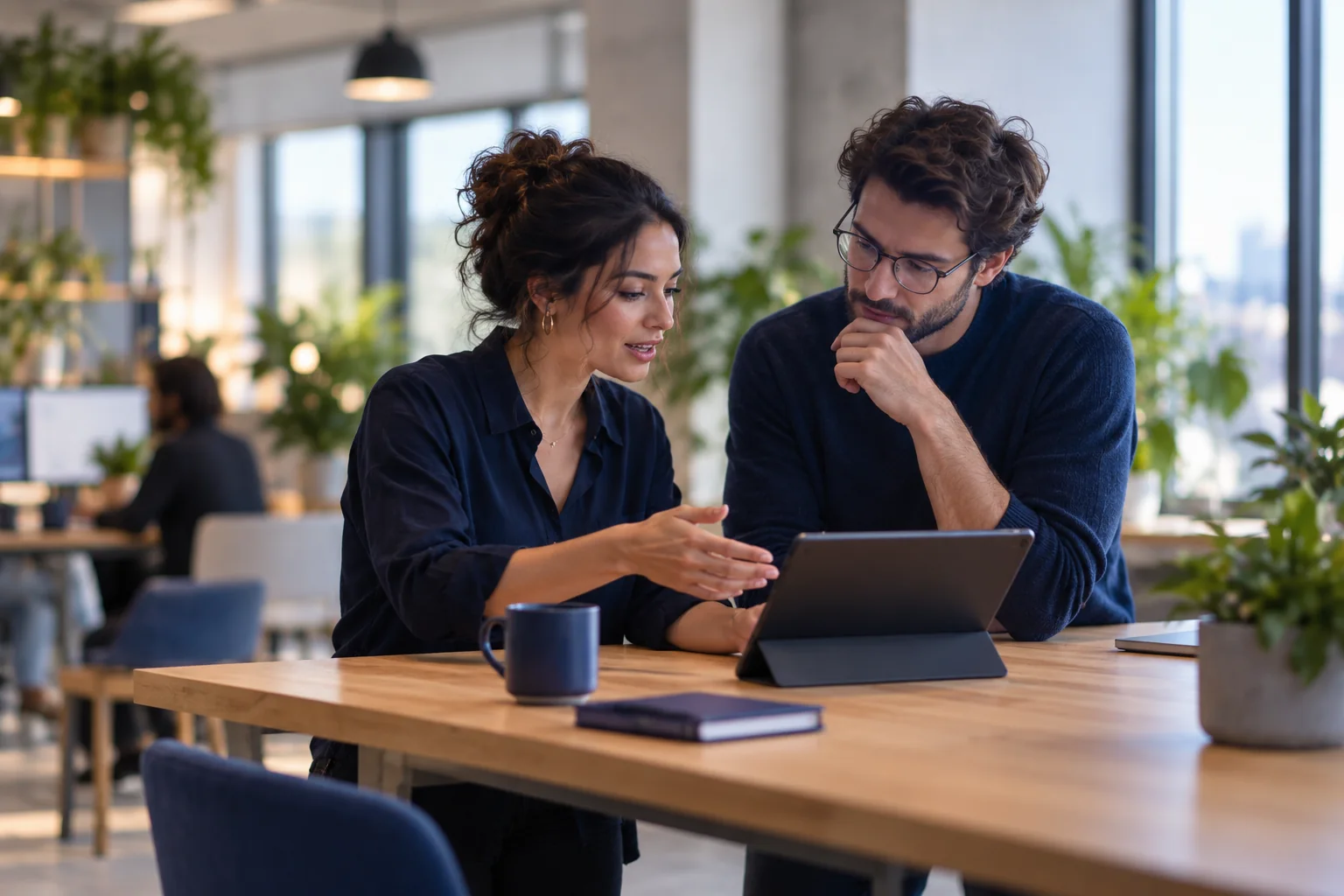 Deux collègues échangeant autour d’une tablette dans un espace de travail lumineux