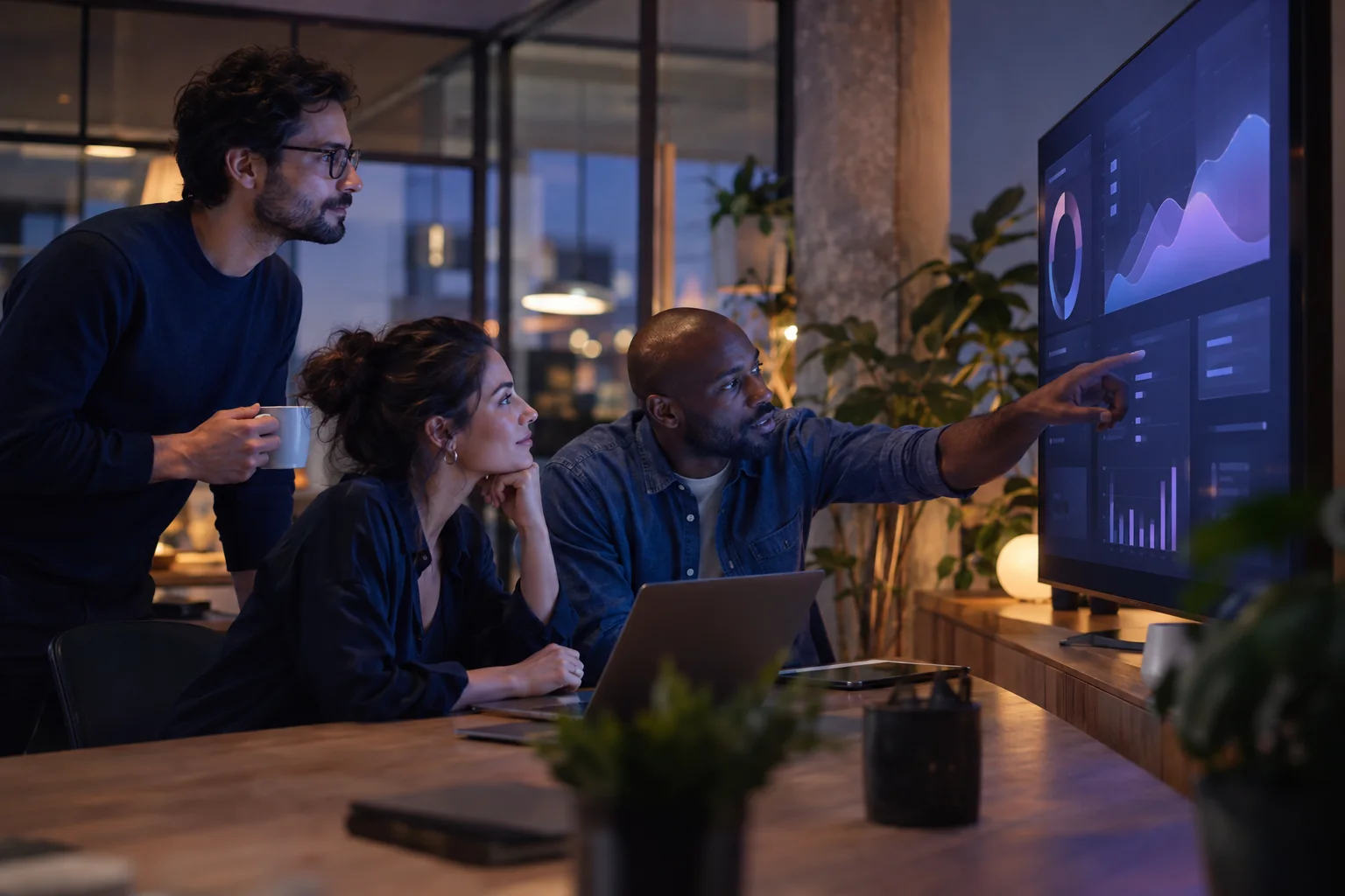 Équipe de trois personnes analysant un tableau de bord affiché sur un grand écran, en soirée