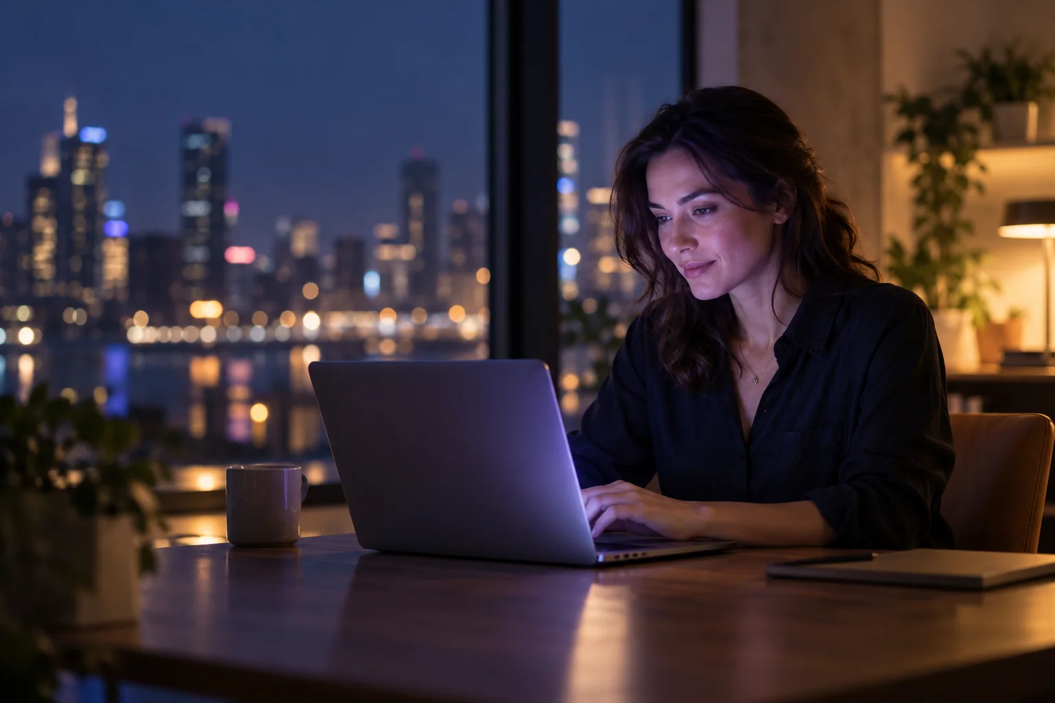 Femme travaillant sereinement sur son ordinateur portable, devant une baie vitrée donnant sur la ville de nuit
